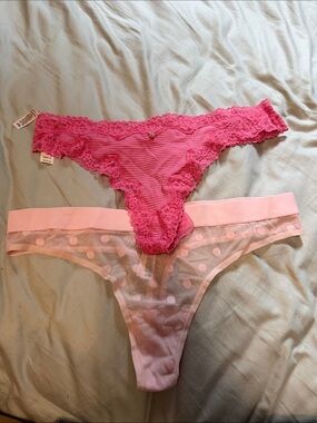 Victoria's Secret Hot Pink Lace & Light Pink Polka-Dot Thong Set